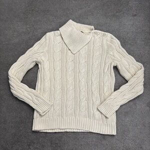 Lauren Ralph Lauren Split Neck Cotton Cable Knit Sweater Ivory